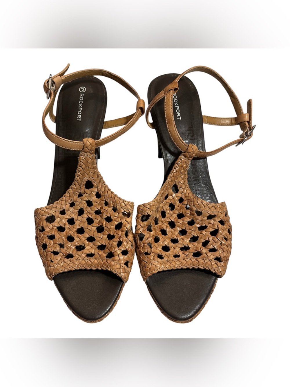 Rockport Tan Braided Leather T-Strap Heels with adiprene technology by Adidas